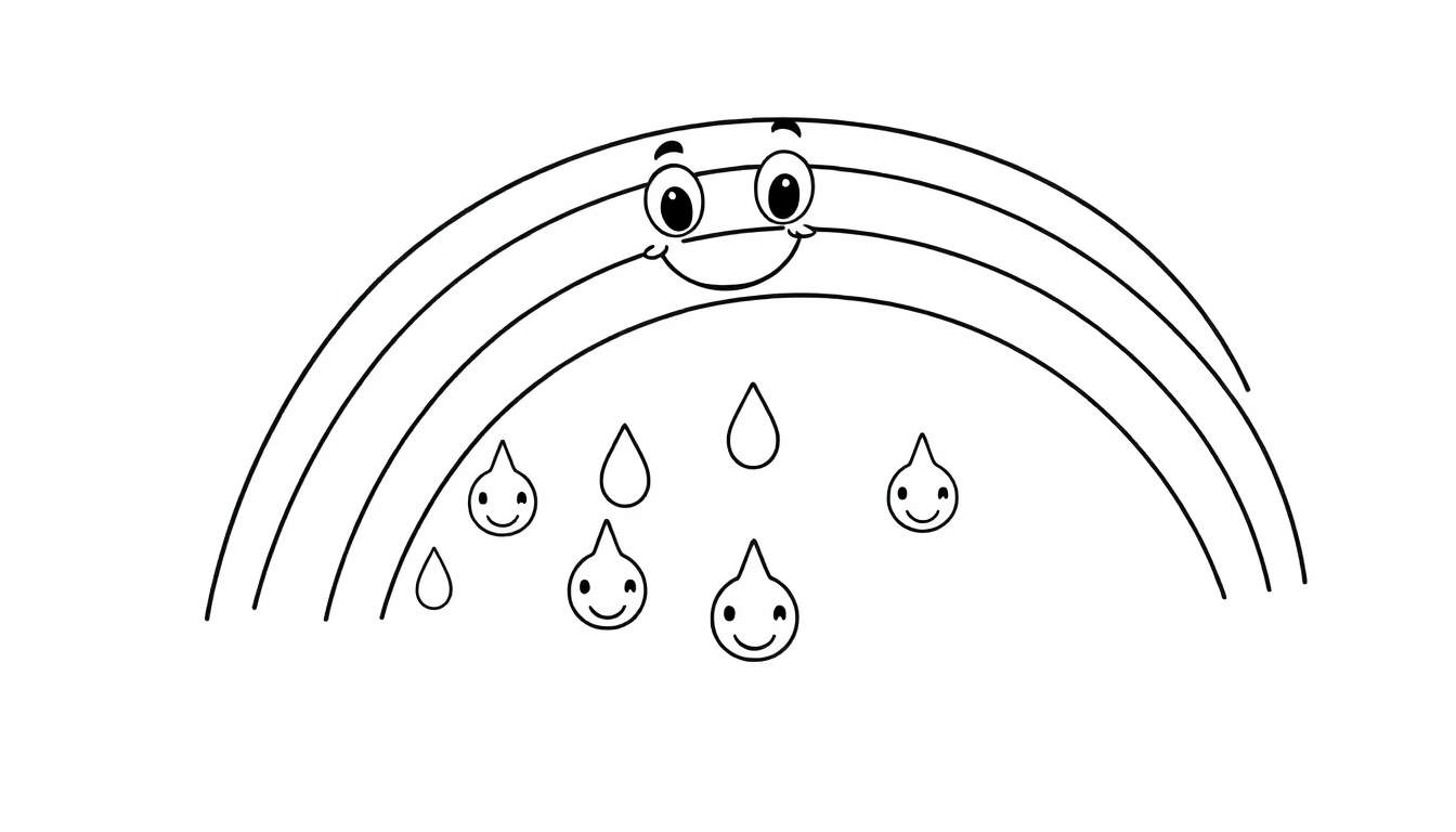 Placa de color: Un arcoíris sonriente con gotas de lluvia alegres.