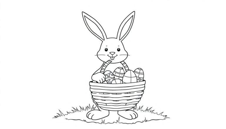 Una placa para colorear de un conejo de Pascua con orejas largas y una cesta llena de huevos decorados.