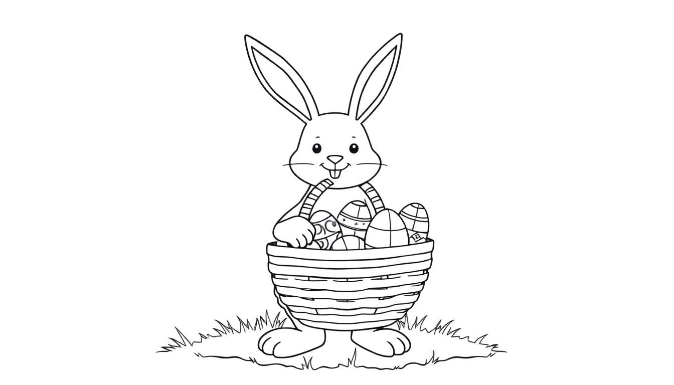 Una placa para colorear de un conejo de Pascua con orejas largas y una cesta llena de huevos decorados.