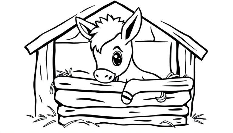 Placa para colorear de un burro curioso asomándose por un pesebre de madera.