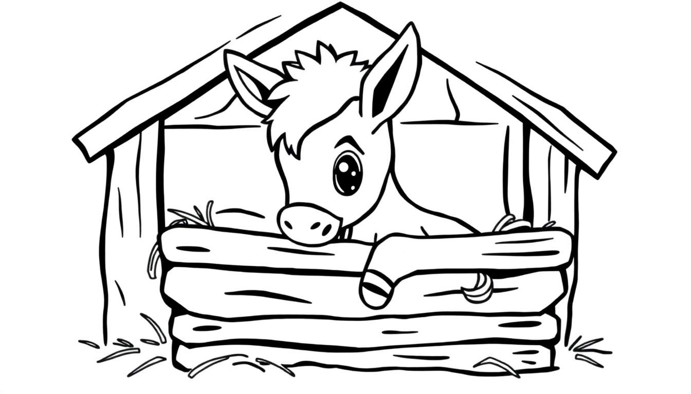 Placa para colorear de un burro curioso asomándose por un pesebre de madera.