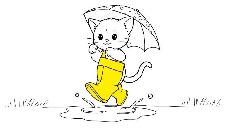 Página para colorear en blanco y negro de un gatito blanco con botas de agua amarillas y un paraguas, saltando sobre un charco.