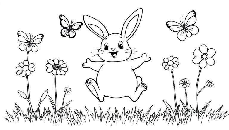Una página para colorear con un conejito sonriente saltando en un prado con flores y mariposas, estilo de dibujo lineal.