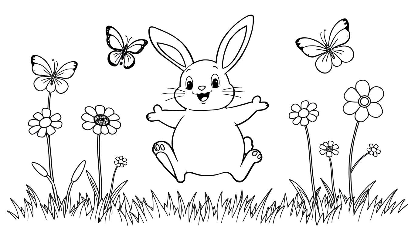 Una página para colorear con un conejito sonriente saltando en un prado con flores y mariposas, estilo de dibujo lineal.