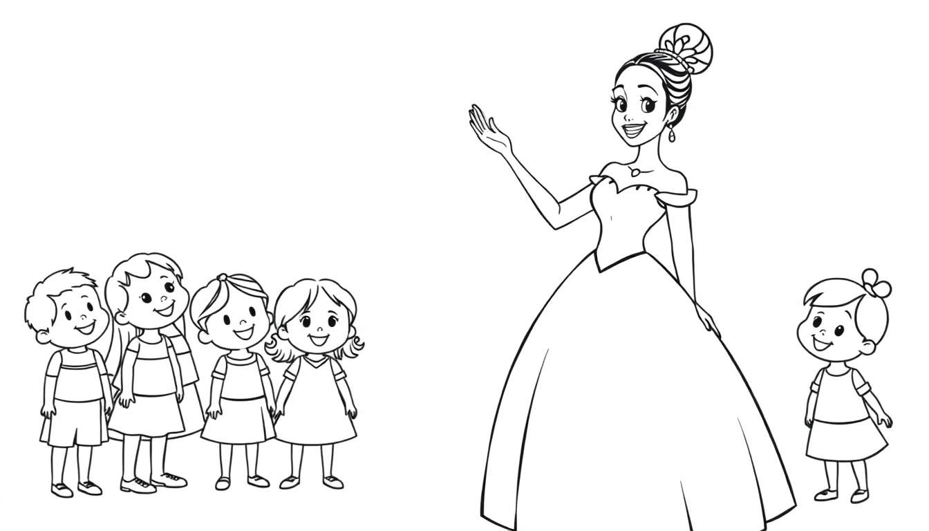 Placa para colorear de la Princesa Tiana saludando a los niños.
