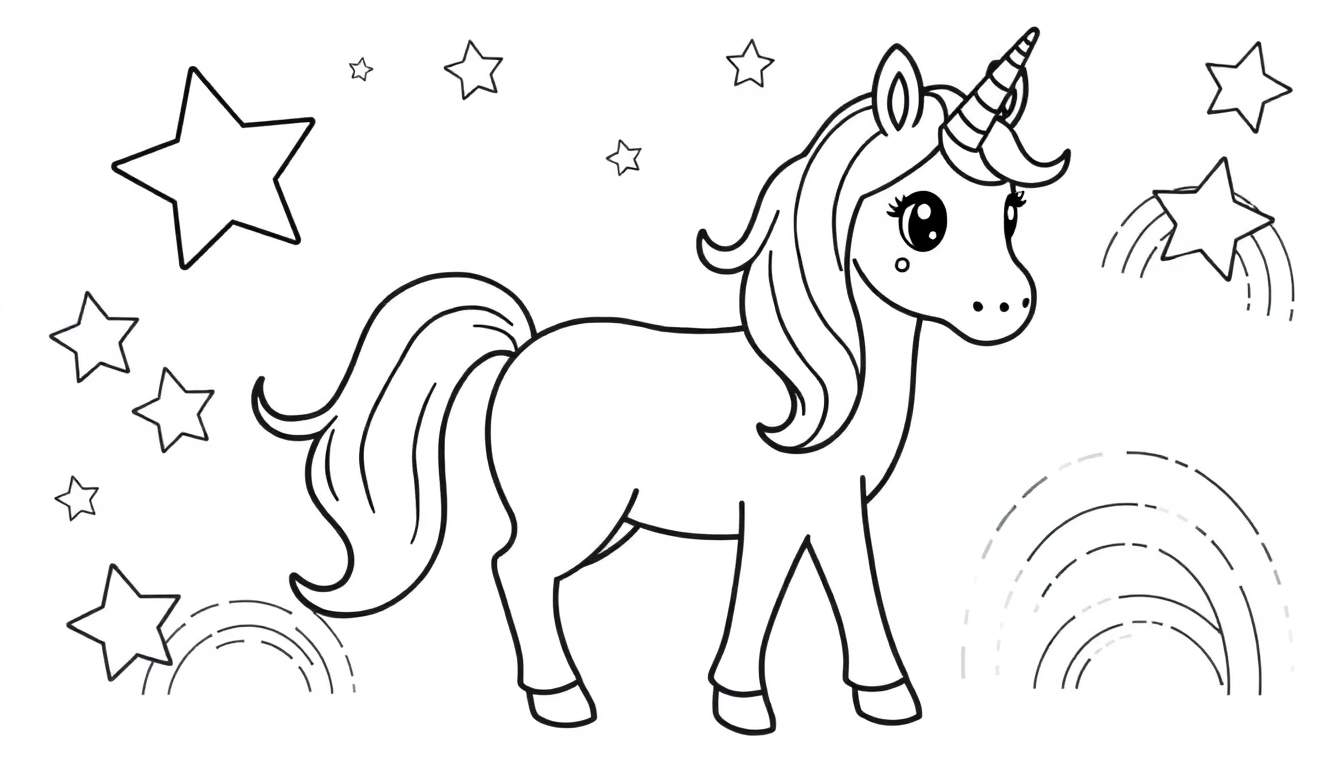 Página para colorear de un unicornio amigable con estrellas y arcoíris incompletos.