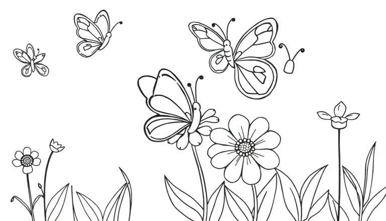 Una placa para colorear de mariposas revoloteando entre flores.