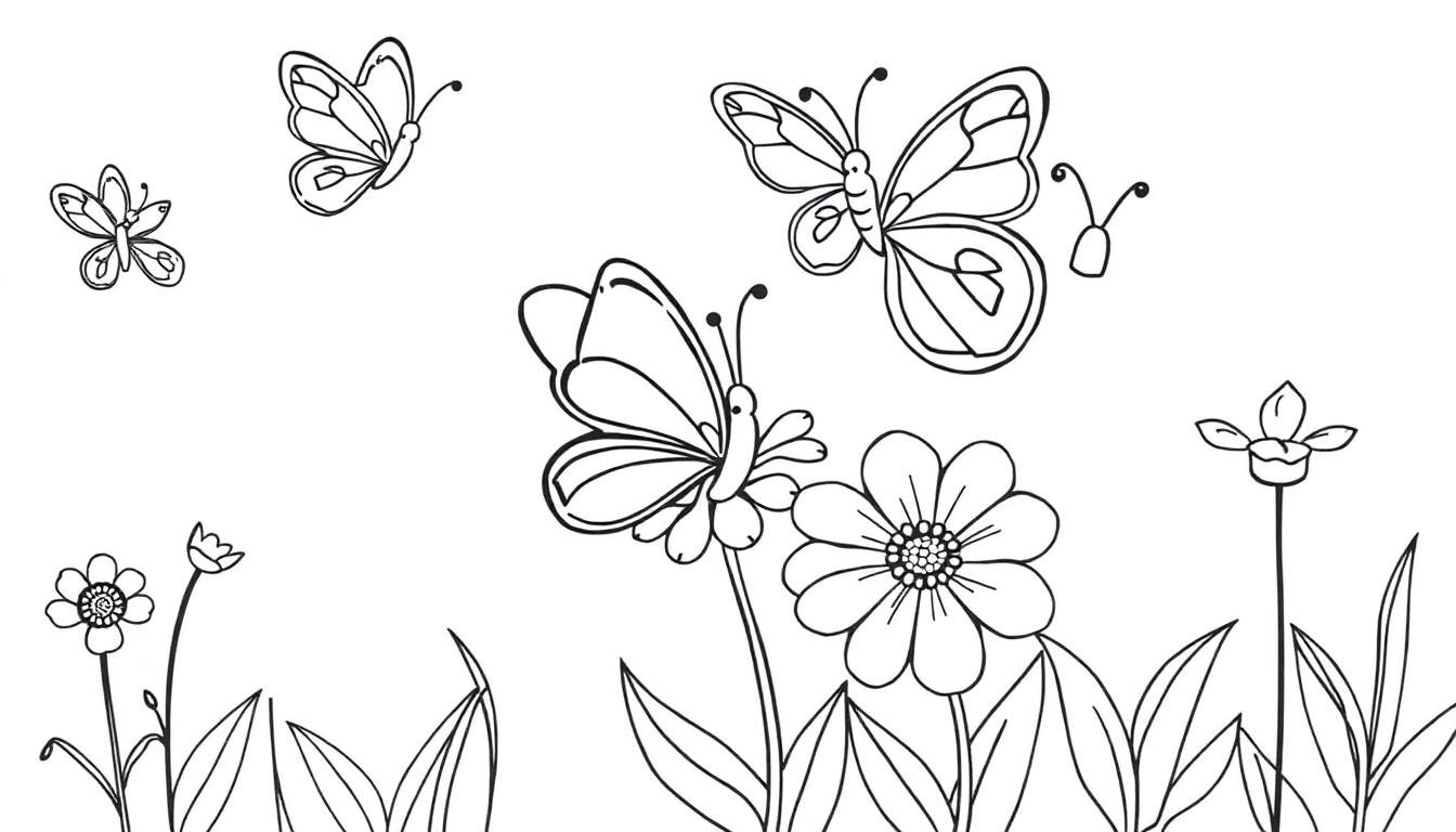 Una placa para colorear de mariposas revoloteando entre flores.