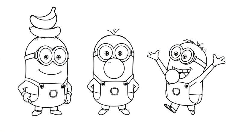 Una placa para colorear de tres Minions en blanco y negro, dos haciendo burbujas de chicle y uno con plátanos en la cabeza.