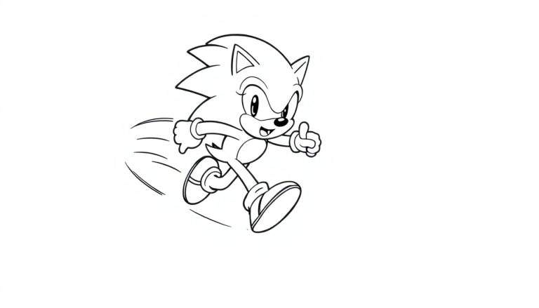 Sonic the Hedgehog corriendo rápido con el pulgar hacia arriba, estilo de placa para colorear.