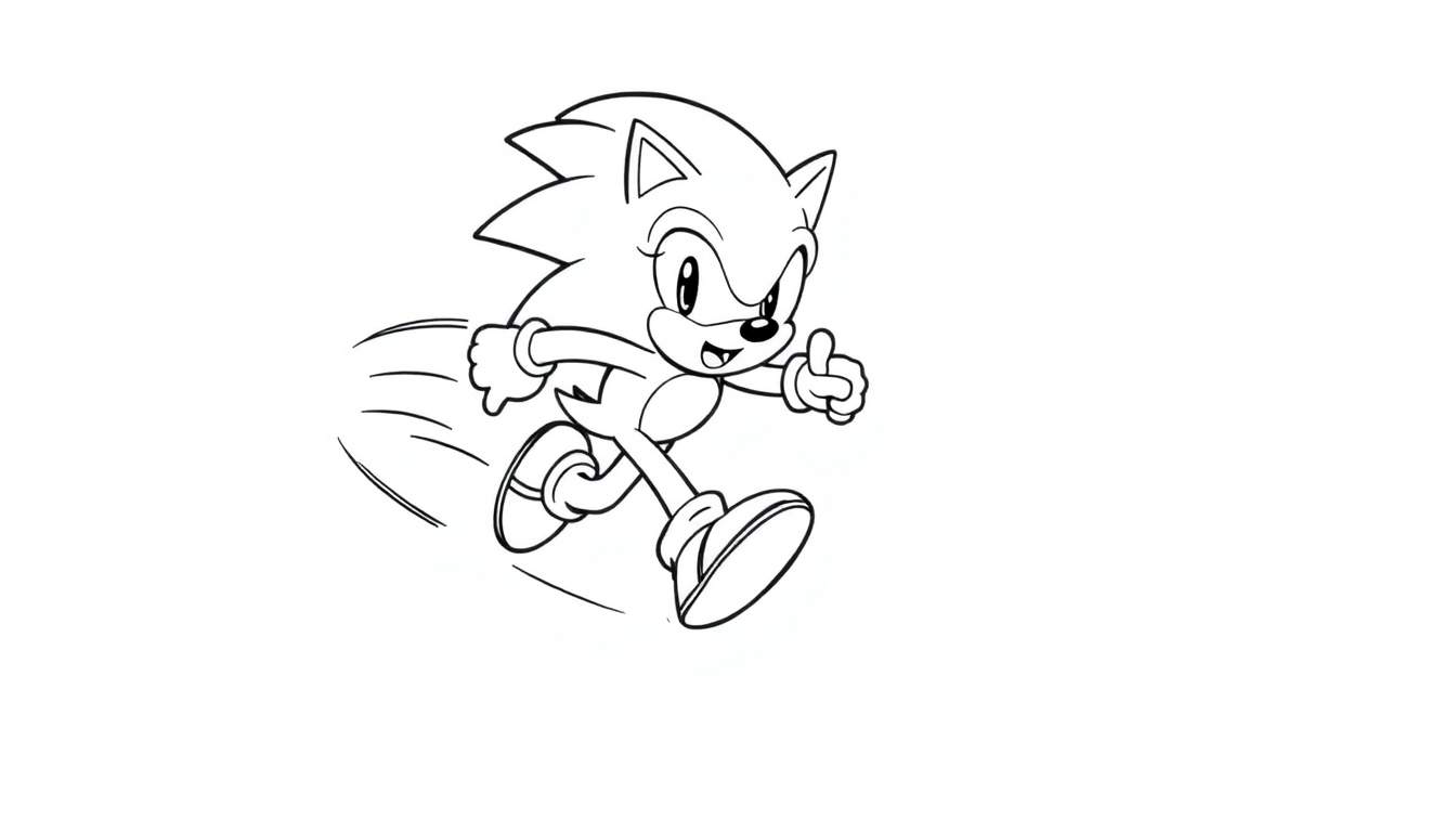 Sonic the Hedgehog corriendo rápido con el pulgar hacia arriba, estilo de placa para colorear.
