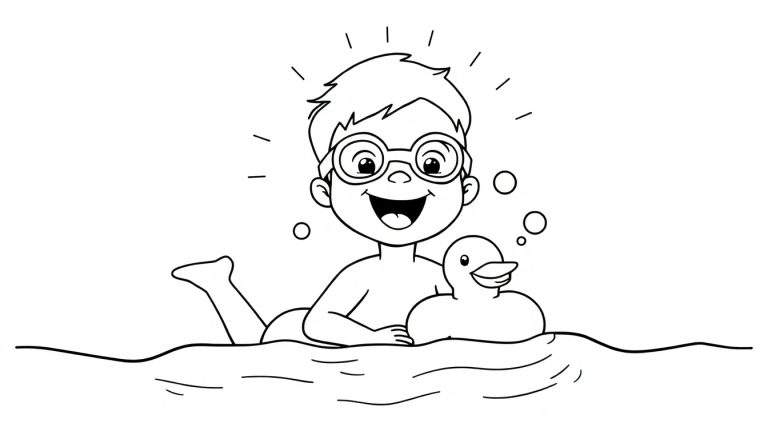 Placa para colorear de un niño feliz nadando con un pato de goma.