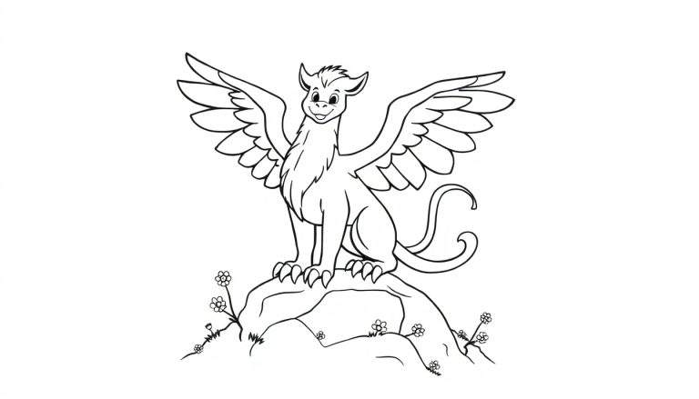 Una placa para colorear en blanco y negro de un adorable grifo con alas extendidas y una expresión feliz, posado sobre una roca con flores alrededor.