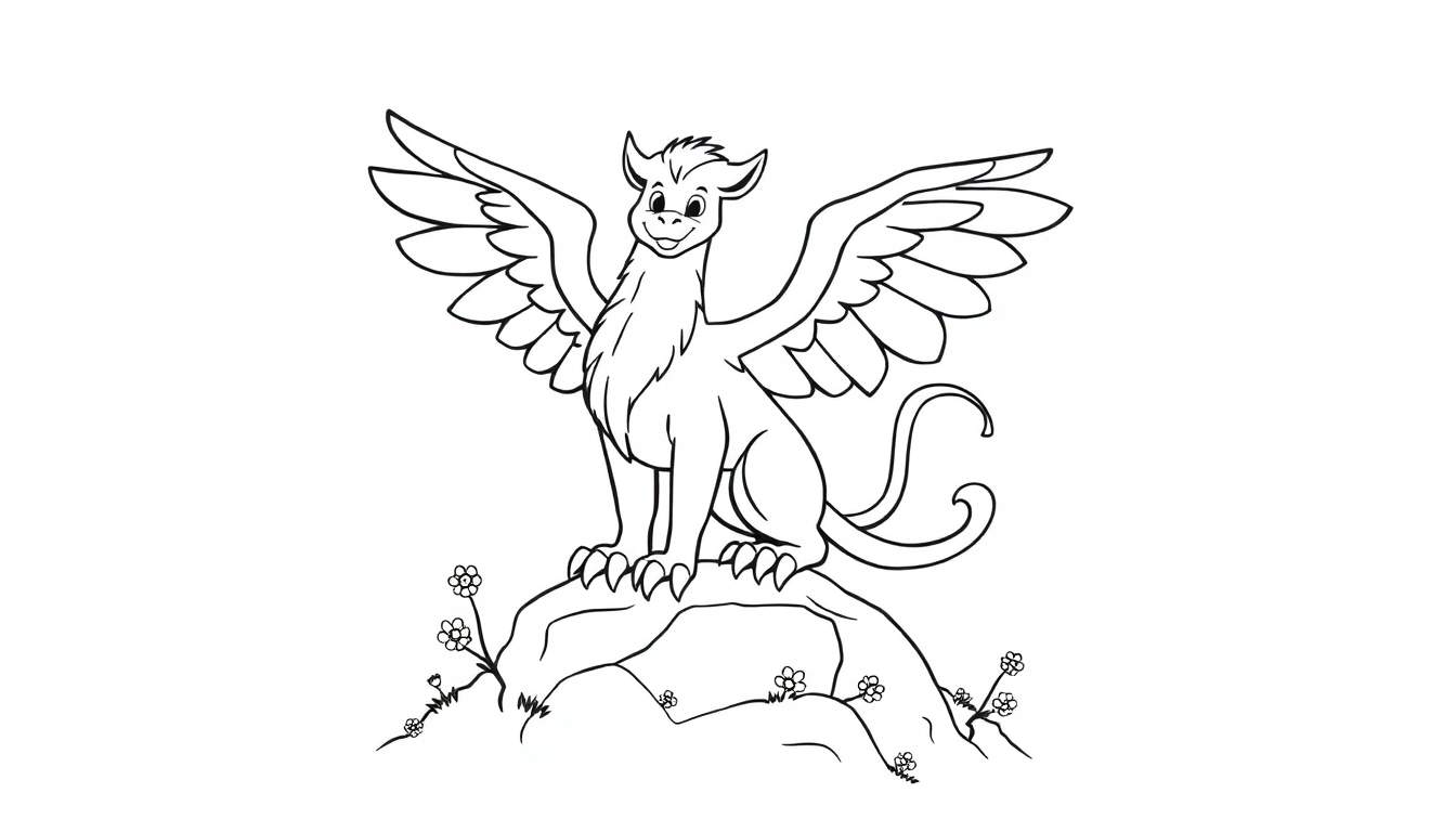 Una placa para colorear en blanco y negro de un adorable grifo con alas extendidas y una expresión feliz, posado sobre una roca con flores alrededor.