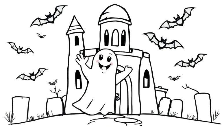 Página para colorear de Halloween con un fantasma amigable saludando frente a un castillo espeluznante, murciélagos, lápidas y árboles muertos.