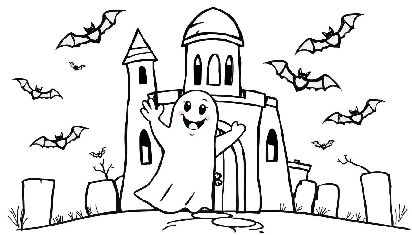 Página para colorear de Halloween con un fantasma amigable saludando frente a un castillo espeluznante, murciélagos, lápidas y árboles muertos.