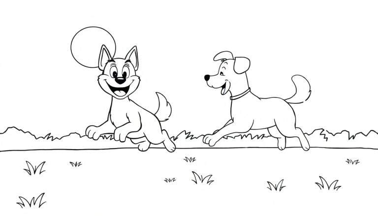 Placa de color en blanco y negro de Bluey y Bingo jugando.