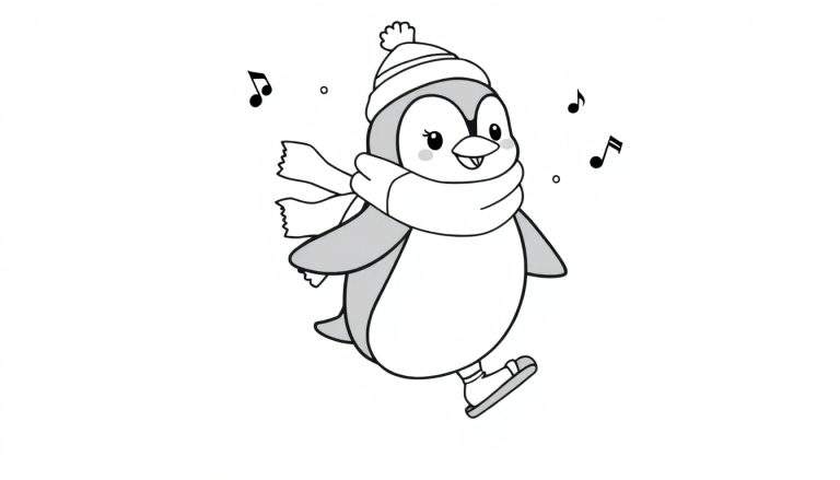 Pingüino de dibujos animados en blanco y negro patinando, placa para colorear.