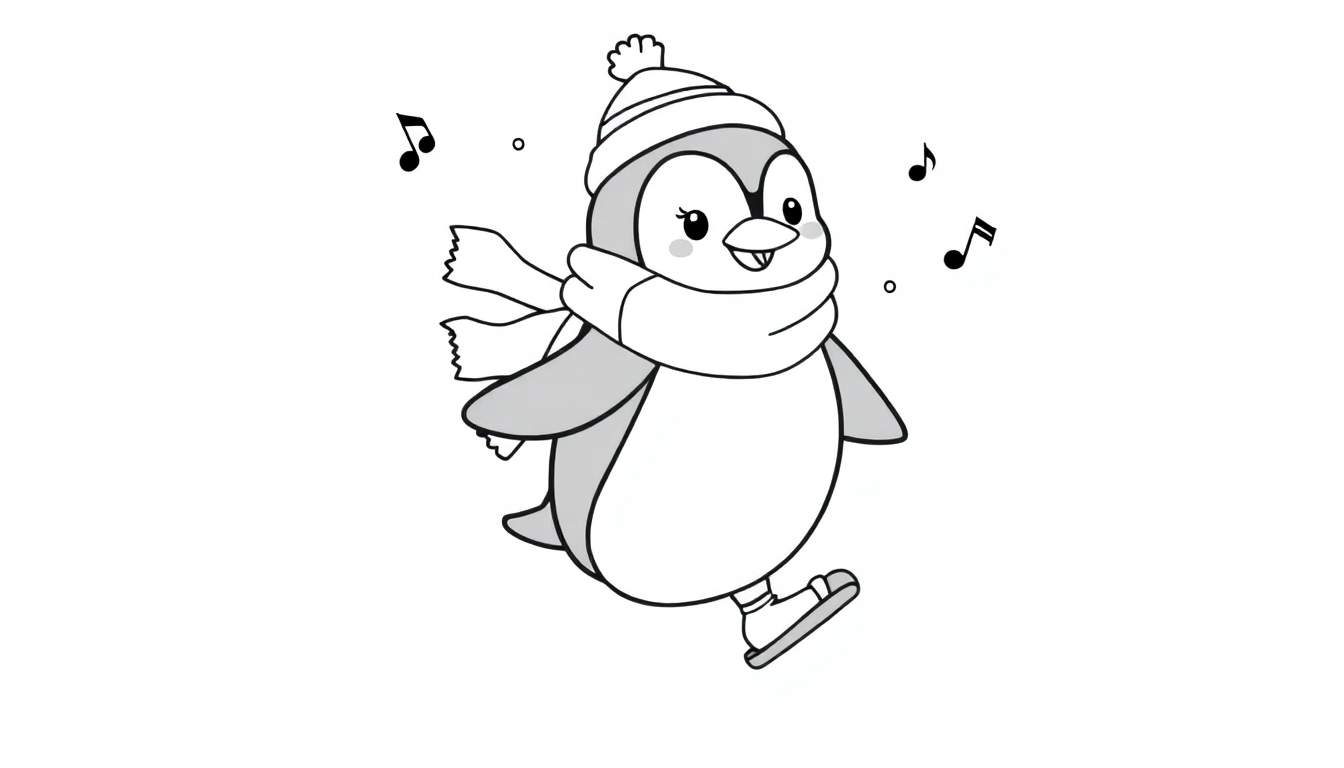 Pingüino de dibujos animados en blanco y negro patinando, placa para colorear.