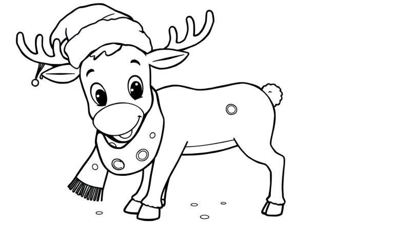 Placa para colorear de un reno navideño con gorro y bufanda.