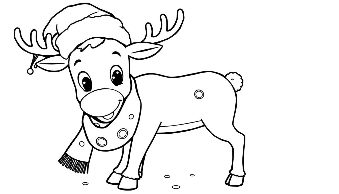 Placa para colorear de un reno navideño con gorro y bufanda.