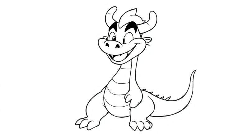 Un simpático dragón de dibujos animados en blanco y negro, listo para ser coloreado, con cuernos pequeños, sonrisa amigable y cola puntiaguda. Una placa para colorear.