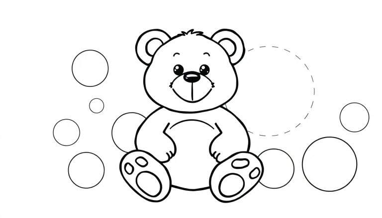 Placa para colorear de un oso de peluche tierno rodeado de círculos.