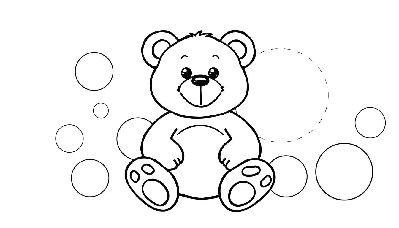 Placa para colorear de un oso de peluche tierno rodeado de círculos.