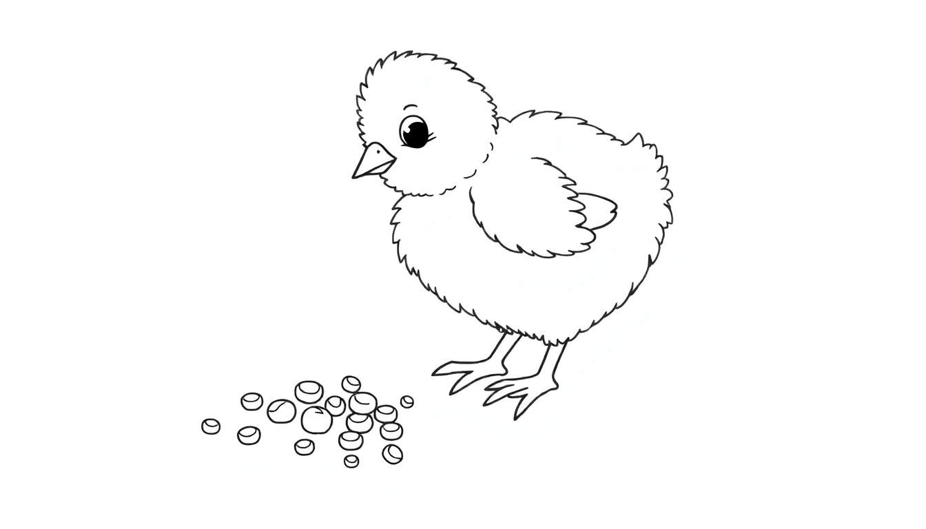 Dibujo de un pollito de dibujos animados en blanco y negro picoteando semillas, listo para colorear en la placa de color.