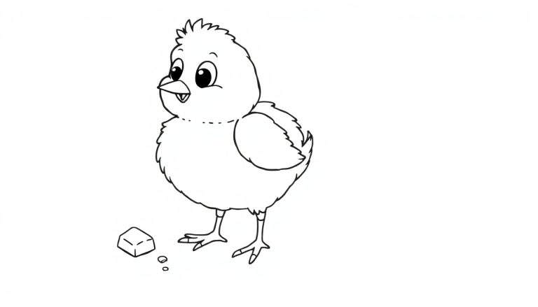 Dibujo lineal en blanco y negro de un pollito amigable picoteando una miga de pan, listo para ser coloreado.