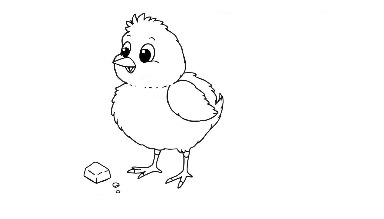 Dibujo lineal en blanco y negro de un pollito amigable picoteando una miga de pan, listo para ser coloreado.