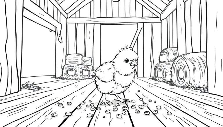 Un dibujo lineal en blanco y negro de un pollito picoteando semillas en un granero, con fardos de heno y paredes de tablones de madera. Placa de color.