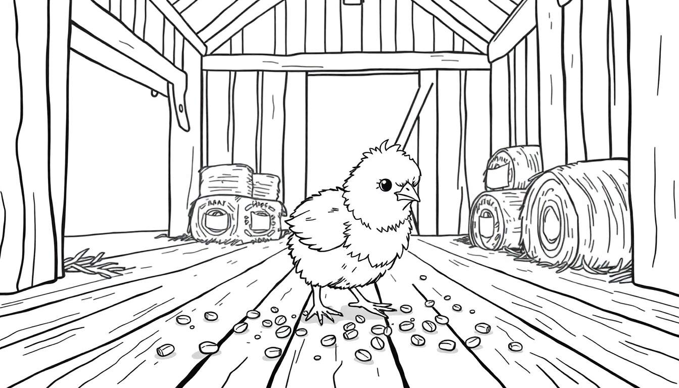 Un dibujo lineal en blanco y negro de un pollito picoteando semillas en un granero, con fardos de heno y paredes de tablones de madera. Placa de color.