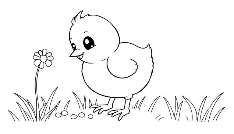 Dibujo lineal de un pollito feliz picoteando junto a una flor, listo para colorear en una placa de color.