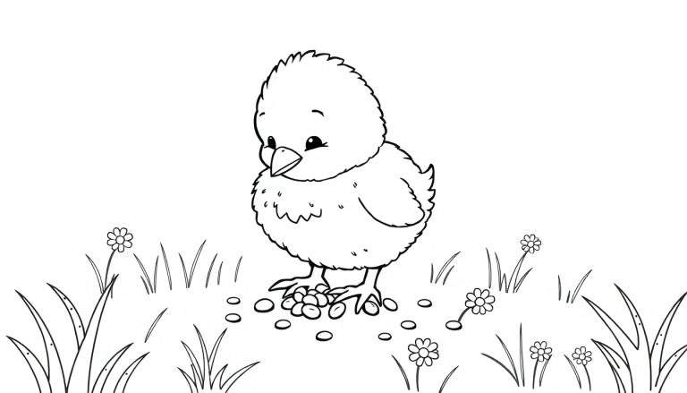 Un dibujo en blanco y negro de un pollito gordito picoteando semillas en un prado con flores y hierba alta. Esta placa de color está lista para ser pintada.