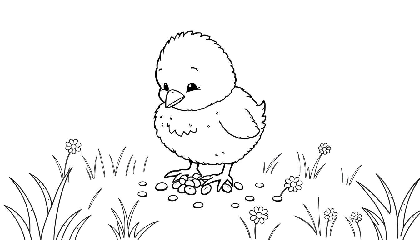 Un dibujo en blanco y negro de un pollito gordito picoteando semillas en un prado con flores y hierba alta. Esta placa de color está lista para ser pintada.