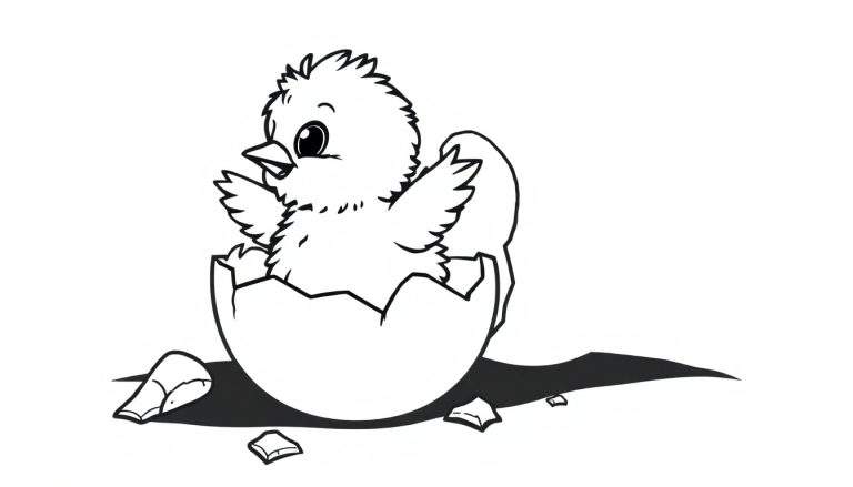 Placa de color de un pollito adorable saliendo de un huevo roto.