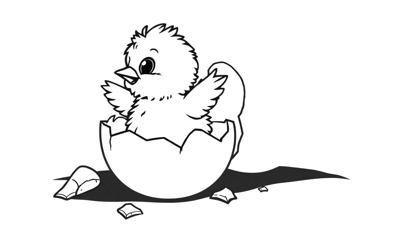 Placa de color de un pollito adorable saliendo de un huevo roto.