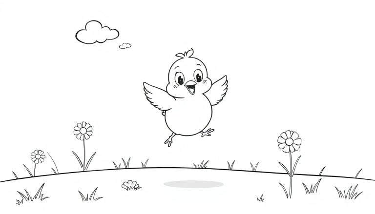 Placa de color de un pollito feliz saltando en un campo con flores.