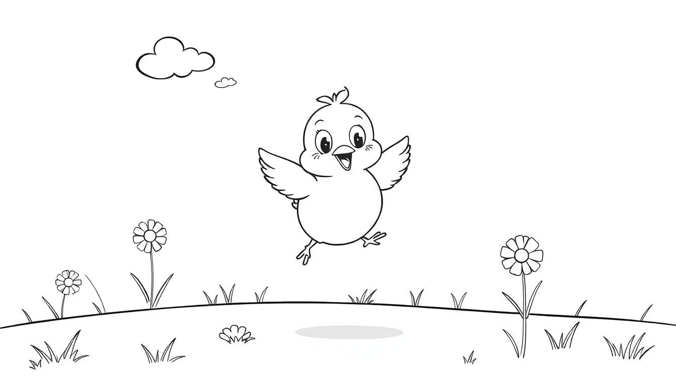 Placa de color de un pollito feliz saltando en un campo con flores.