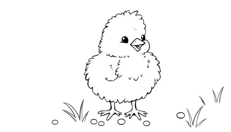 Pollito de dibujos animados con ojos grandes y pico abierto, parado en el suelo rodeado de hierba y semillas. Placa de color.