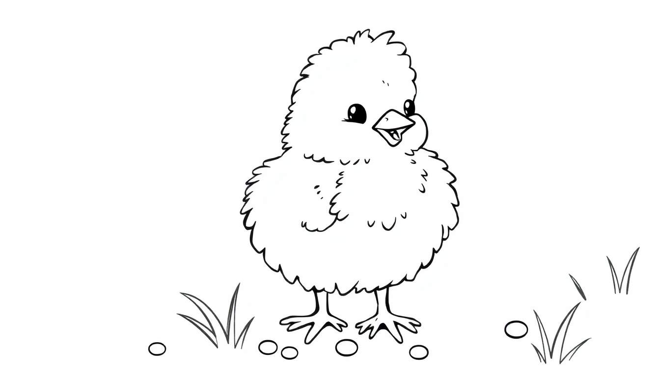 Pollito de dibujos animados con ojos grandes y pico abierto, parado en el suelo rodeado de hierba y semillas. Placa de color.