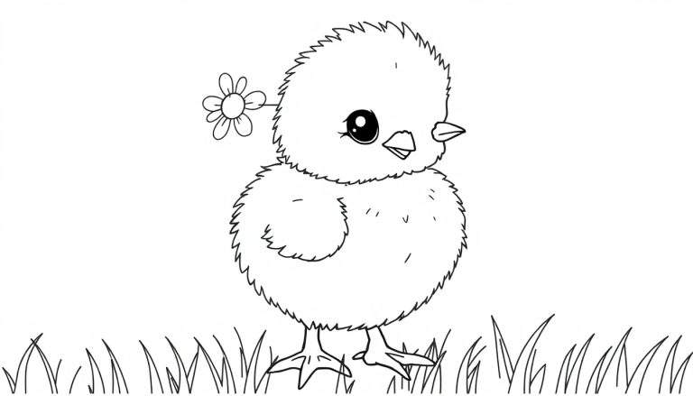 Un pollito adorable y esponjoso, una placa de color en blanco y negro, con una flor en la cabeza.
