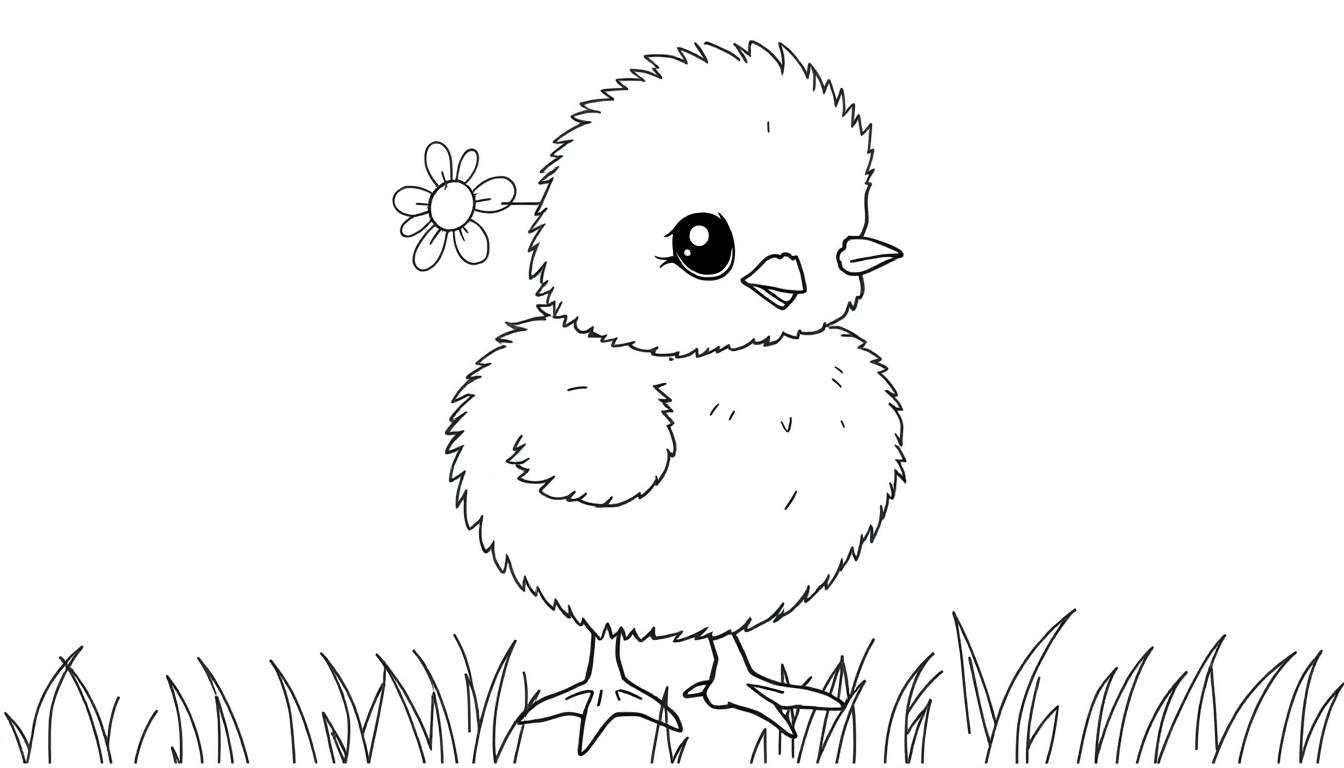 Un pollito adorable y esponjoso, una placa de color en blanco y negro, con una flor en la cabeza.