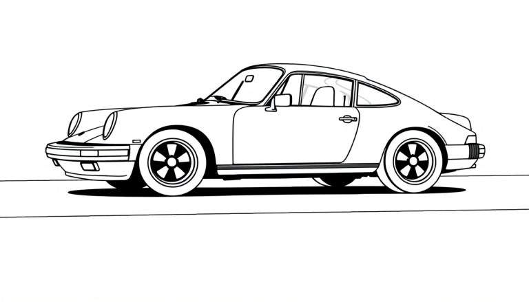 Un dibujo lineal de un coche deportivo Porsche 911 clásico en blanco y negro, listo para ser coloreado, mostrando su forma icónica.