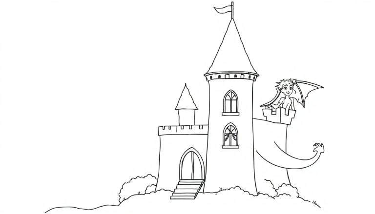 Página de colorear de un castillo de cuento de hadas con dragón amigable y princesa, dibujo lineal.
