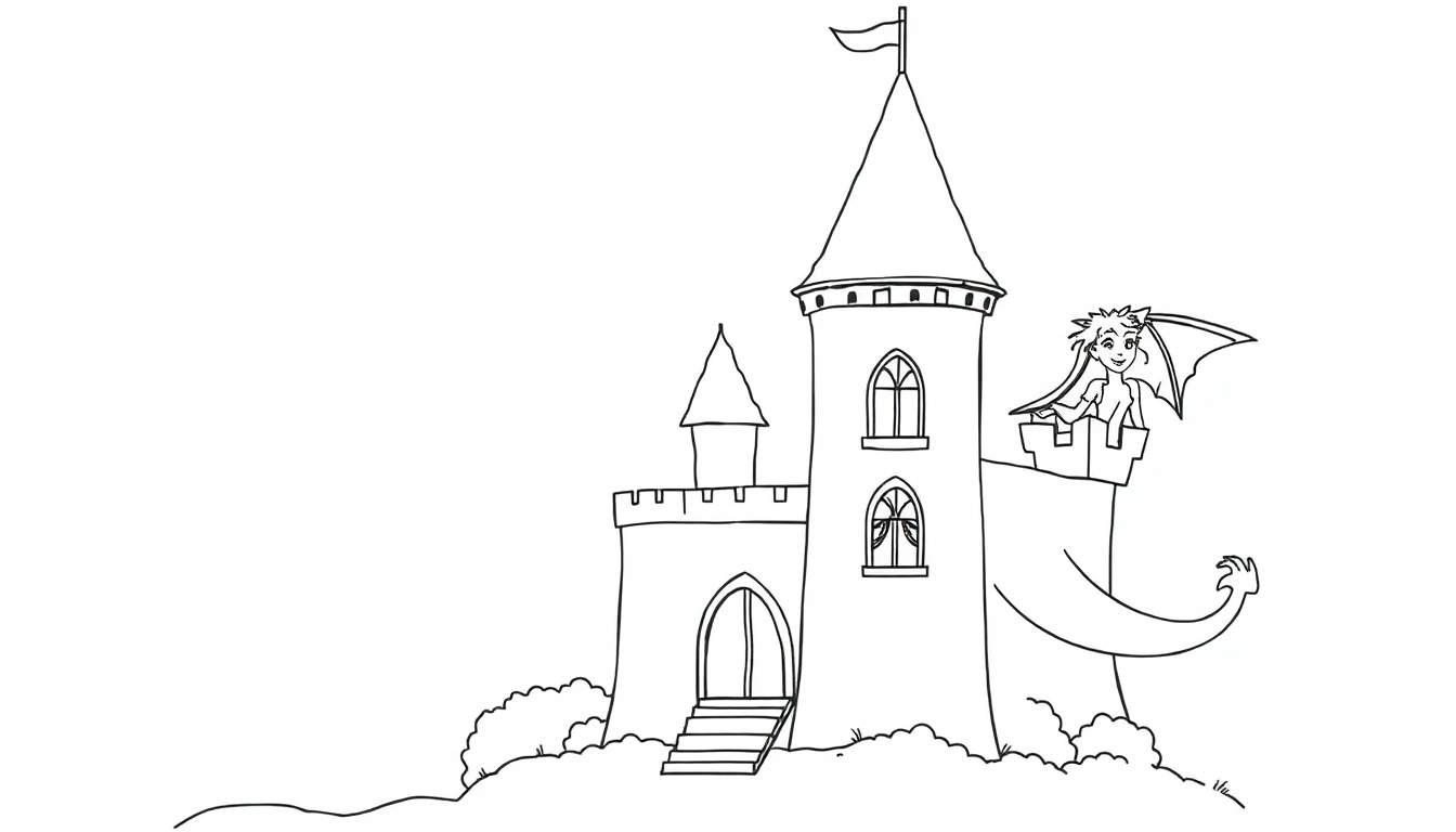 Página de colorear de un castillo de cuento de hadas con dragón amigable y princesa, dibujo lineal.