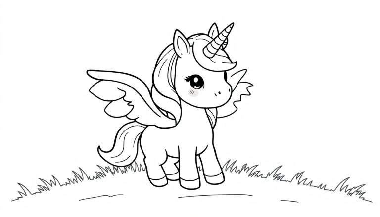 Página de colorear de un unicornio chibi alado.