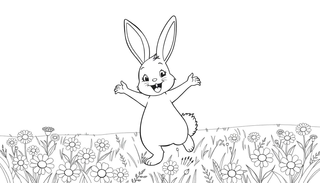 Bella, la coneja feliz, bailando en un campo de margaritas, página para colorear en blanco y negro. Dibujo lineal de un conejo sonriente con los brazos extendidos rodeado de flores silvestres, ideal para una placa de color.