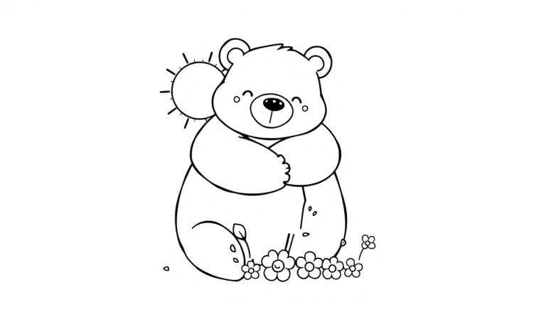 Página para colorear de un oso abrazando la letra 'A' en blanco y negro.